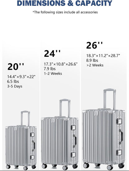 20 Inch Aluminum Frame Carry On Luggage with Spinner Wheels, PC Hard Shell Suitcase with Cup Holder, Zipperless Luggage for Business Travel, Gray