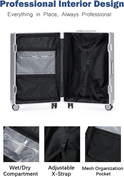 20 Inch Aluminum Frame Carry On Luggage with Spinner Wheels, PC Hard Shell Suitcase with Cup Holder, Zipperless Luggage for Business Travel, Gray