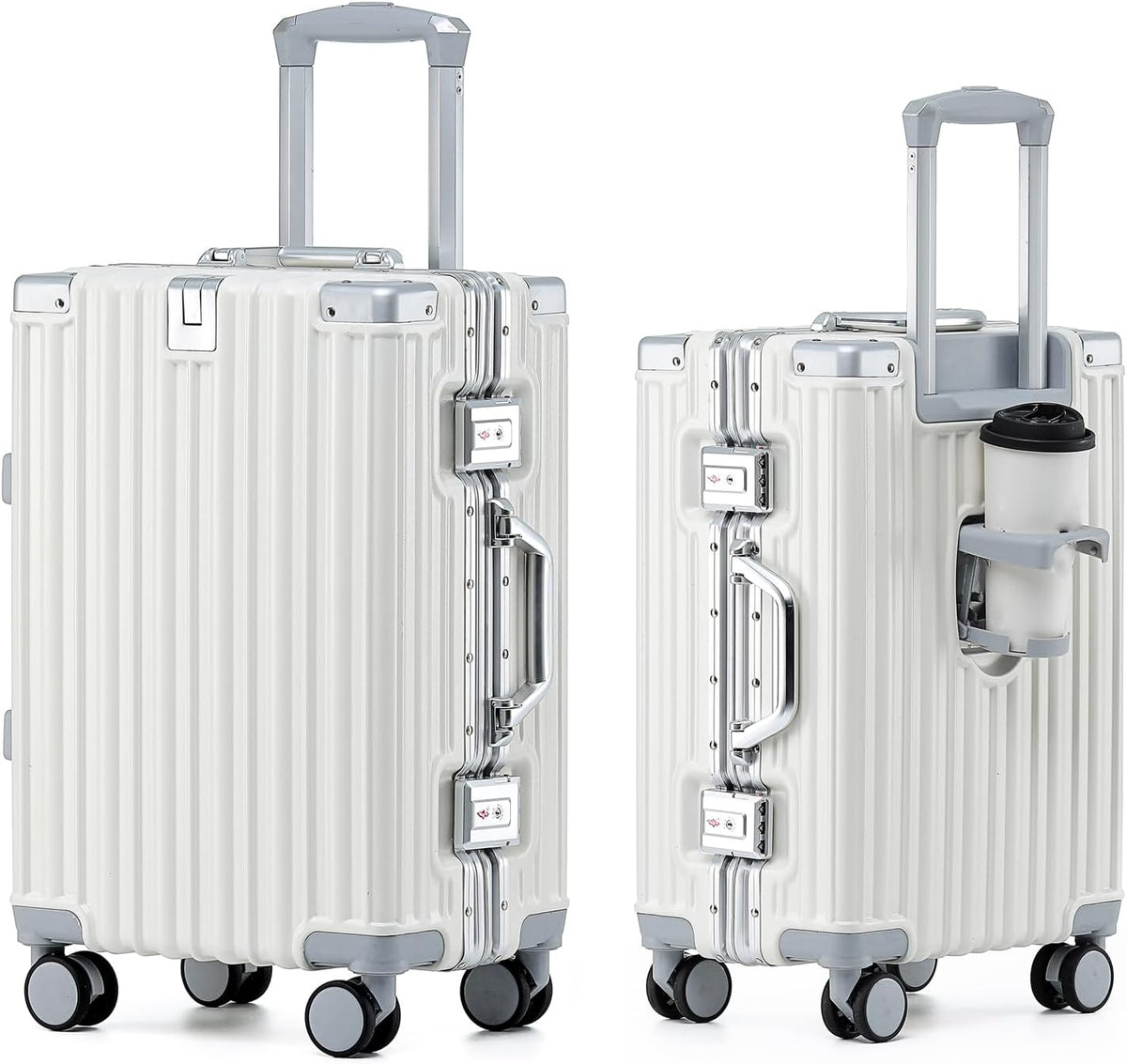 20 Inch Aluminum Frame Carry On Luggage with Spinner Wheels, PC Hard Shell Suitcase with Cup Holder, Zipperless Luggage for Business Travel, Gray