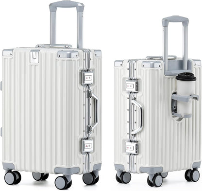 20 Inch Aluminum Frame Carry On Luggage with Spinner Wheels, PC Hard Shell Suitcase with Cup Holder, Zipperless Luggage for Business Travel, Gray