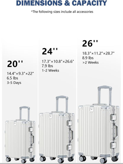 20 Inch Aluminum Frame Carry On Luggage with Spinner Wheels, PC Hard Shell Suitcase with Cup Holder, Zipperless Luggage for Business Travel, Gray