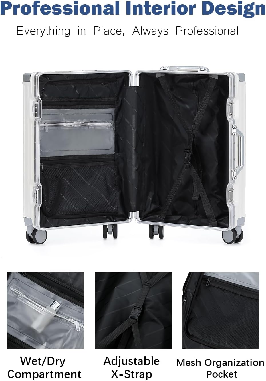 20 Inch Aluminum Frame Carry On Luggage with Spinner Wheels, PC Hard Shell Suitcase with Cup Holder, Zipperless Luggage for Business Travel, Gray