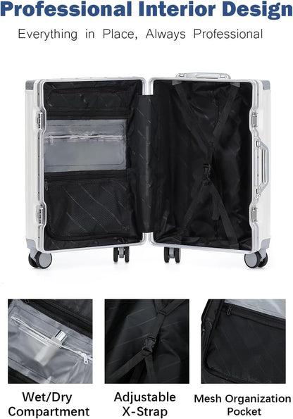 20 Inch Aluminum Frame Carry On Luggage with Spinner Wheels, PC Hard Shell Suitcase with Cup Holder, Zipperless Luggage for Business Travel, Gray