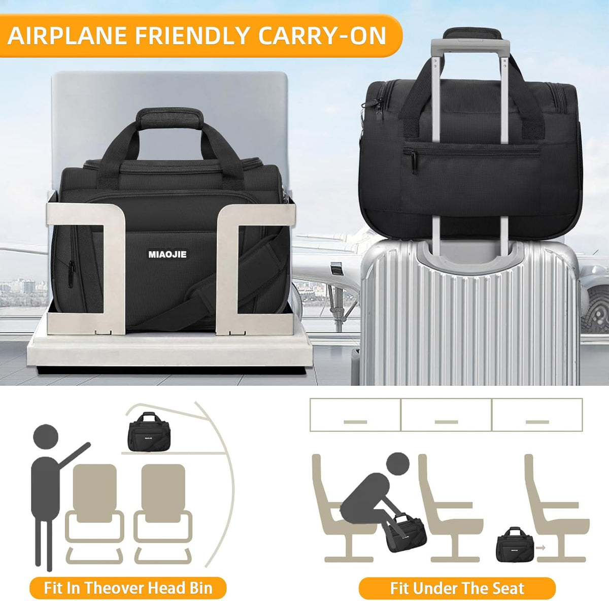 Underseat Carry On Luggage Lightweight Travel Tote Weekender Bag Overnight Duffle Bag for Travel, Travel Essentials Personal Item Travel Bag for Women and Men,Black-18Inch