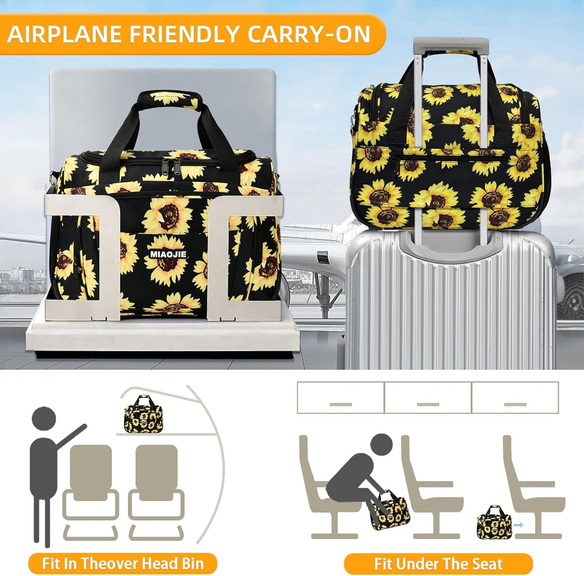 Underseat Carry On Luggage Lightweight Travel Tote Weekender Bag Overnight Duffle Bag for Travel, Travel Essentials Personal Item Travel Bag for Women and Men,Black-18Inch