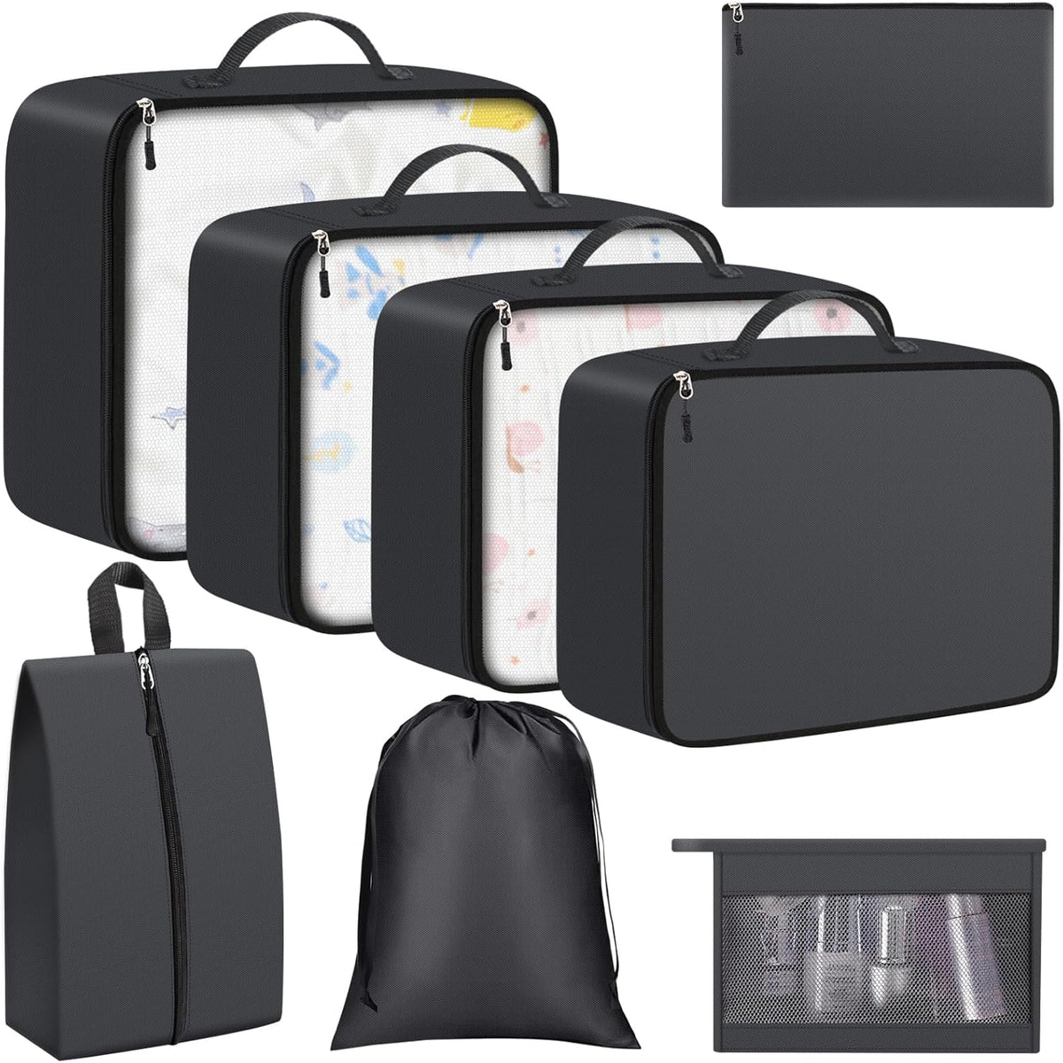 8 Set Packing Cubes for Travel Essentials, Packing Bags, Carrry-On Travel Accessories, Suitcase Organizers with Sturdy Zippers, Luggage Organizer for Airplane, Camping, Road Trip (Grey)