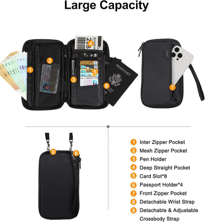 Passport Holder for Travel Family RFID Neck Wallet for Traveling Women Travel Pouch for Passport and Documents with RFID Waterproof Zipper Passport Case (Black)