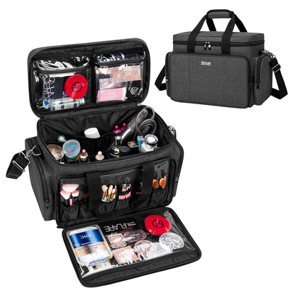 Large Makeup Bag Cosmetic Bag with Removable Dividers, Purple | Travel Makeup Case Holds Cosmetics and Hair Supplies.