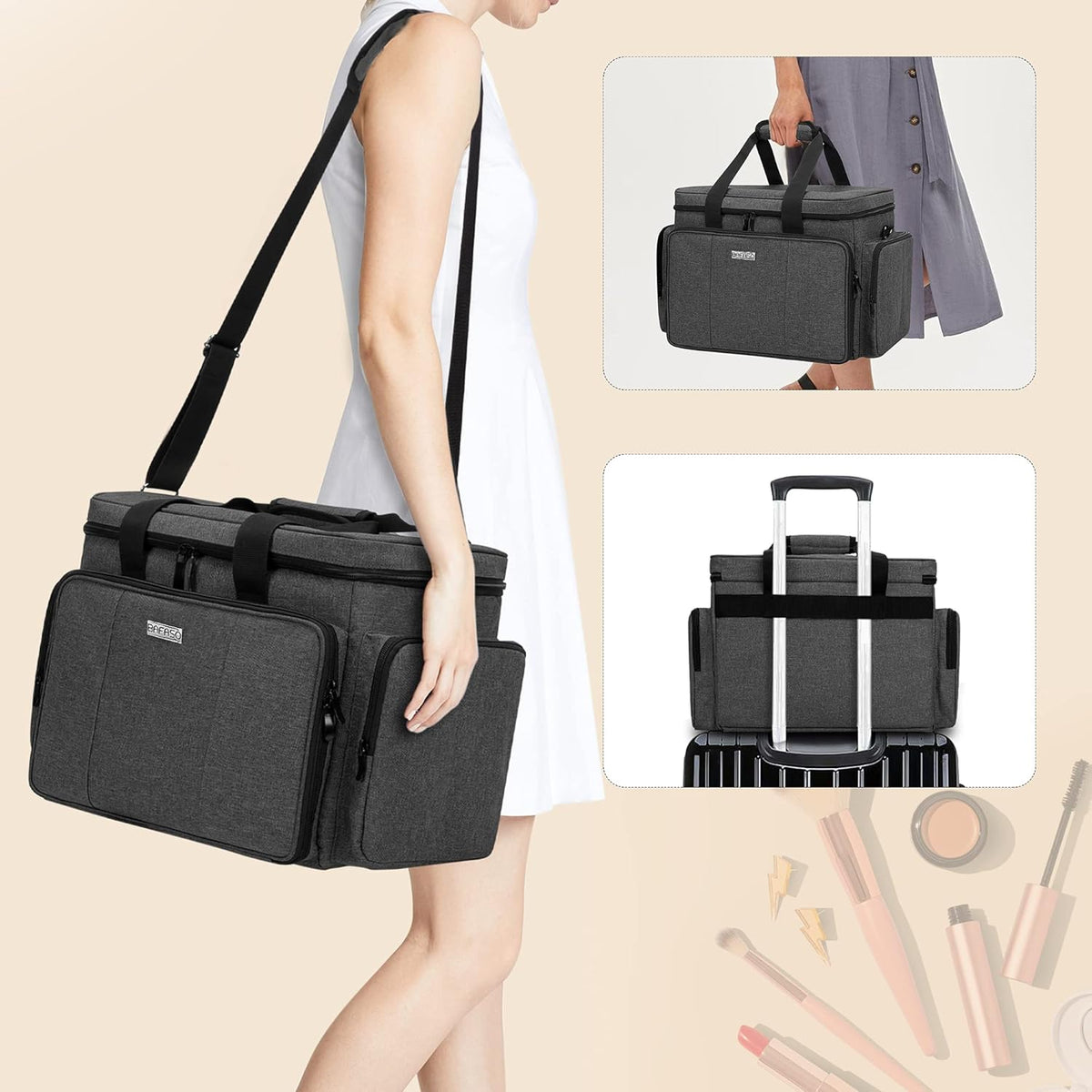 Large Makeup Bag Cosmetic Bag with Removable Dividers, Purple | Travel Makeup Case Holds Cosmetics and Hair Supplies.