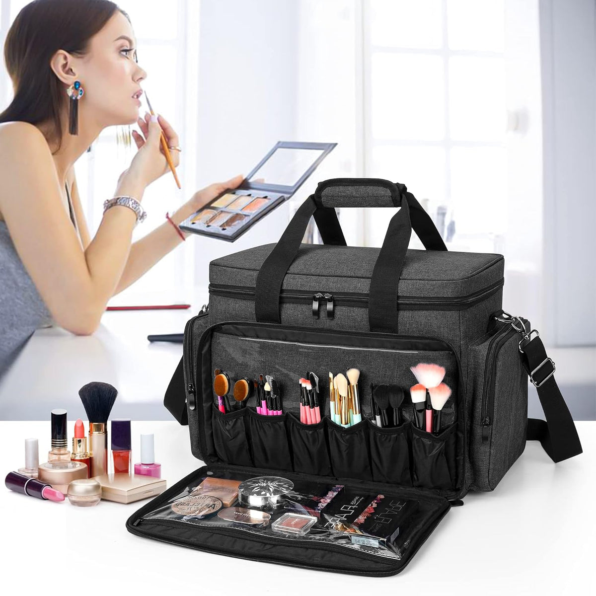 Large Makeup Bag Cosmetic Bag with Removable Dividers, Purple | Travel Makeup Case Holds Cosmetics and Hair Supplies.