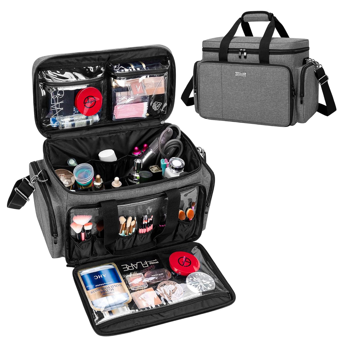Large Makeup Bag Cosmetic Bag with Removable Dividers, Purple | Travel Makeup Case Holds Cosmetics and Hair Supplies.