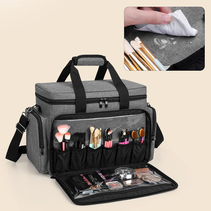 Large Makeup Bag Cosmetic Bag with Removable Dividers, Purple | Travel Makeup Case Holds Cosmetics and Hair Supplies.