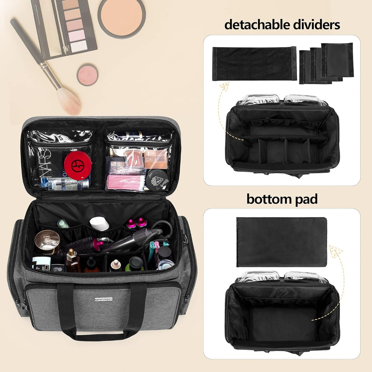 Large Makeup Bag Cosmetic Bag with Removable Dividers, Purple | Travel Makeup Case Holds Cosmetics and Hair Supplies.
