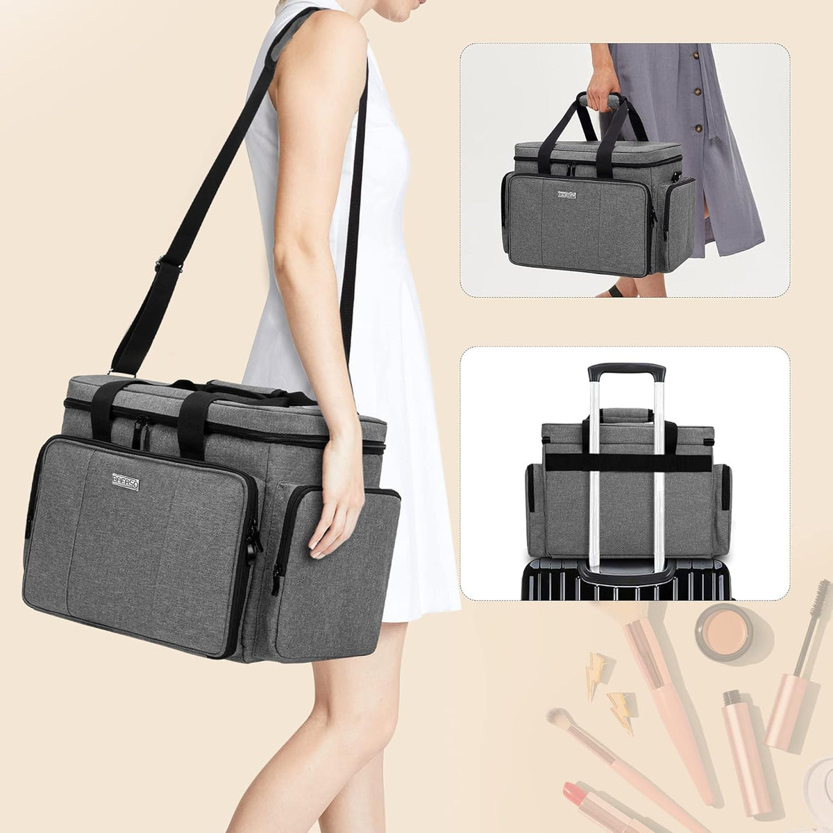 Large Makeup Bag Cosmetic Bag with Removable Dividers, Purple | Travel Makeup Case Holds Cosmetics and Hair Supplies.