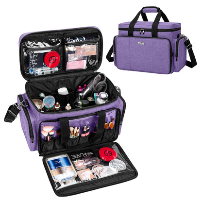 Large Makeup Bag Cosmetic Bag with Removable Dividers, Purple | Travel Makeup Case Holds Cosmetics and Hair Supplies.