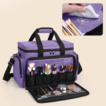 Large Makeup Bag Cosmetic Bag with Removable Dividers, Purple | Travel Makeup Case Holds Cosmetics and Hair Supplies.