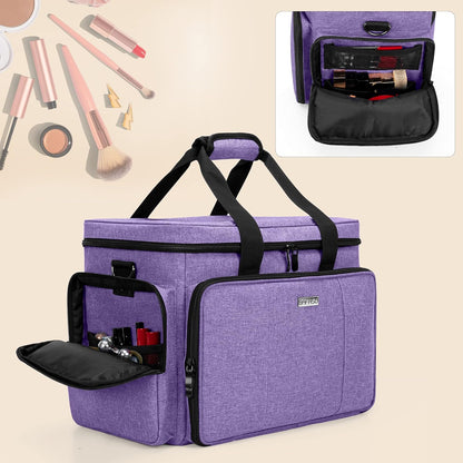 Large Makeup Bag Cosmetic Bag with Removable Dividers, Purple | Travel Makeup Case Holds Cosmetics and Hair Supplies.