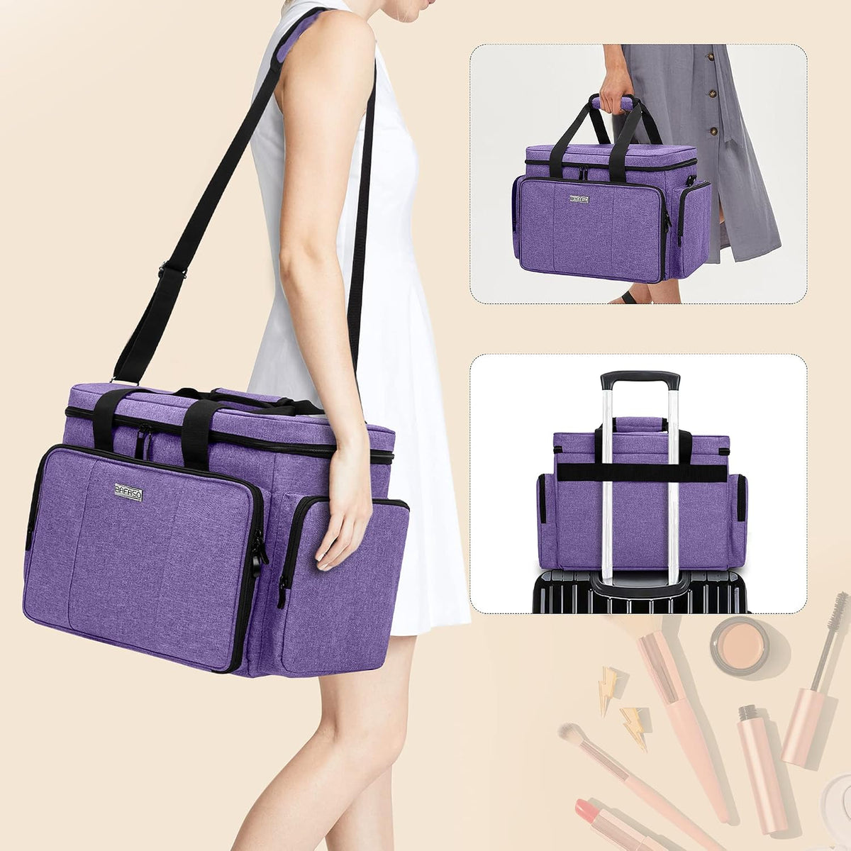 Large Makeup Bag Cosmetic Bag with Removable Dividers, Purple | Travel Makeup Case Holds Cosmetics and Hair Supplies.