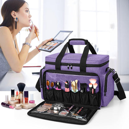 Large Makeup Bag Cosmetic Bag with Removable Dividers, Purple | Travel Makeup Case Holds Cosmetics and Hair Supplies.