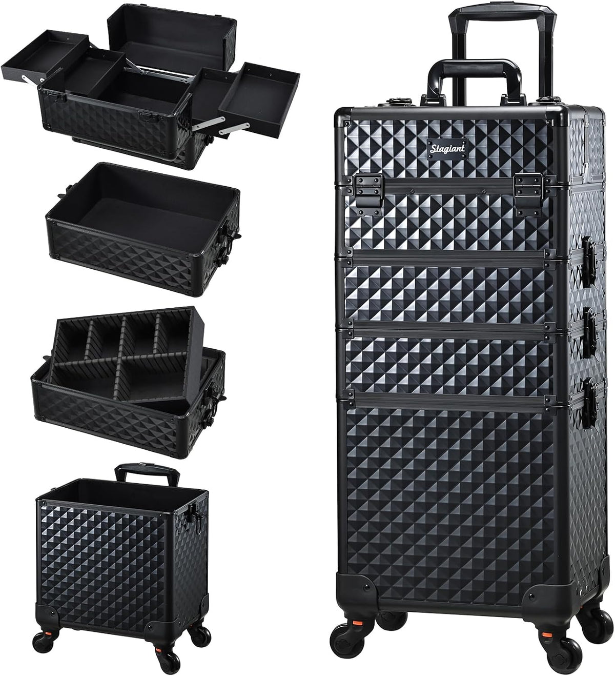Rolling Makeup Case Cosmetology Case on Wheels 4 in 1 Large Cosmetic Organizer Train Case Makeup Travel Case with Key Swivel Wheels Nail Artist Salon Storage Traveling Cart Trunk Black