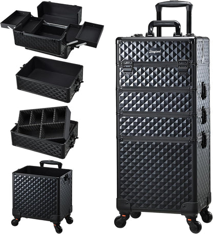 Rolling Makeup Case Cosmetology Case on Wheels 4 in 1 Large Cosmetic Organizer Train Case Makeup Travel Case with Key Swivel Wheels Nail Artist Salon Storage Traveling Cart Trunk Black
