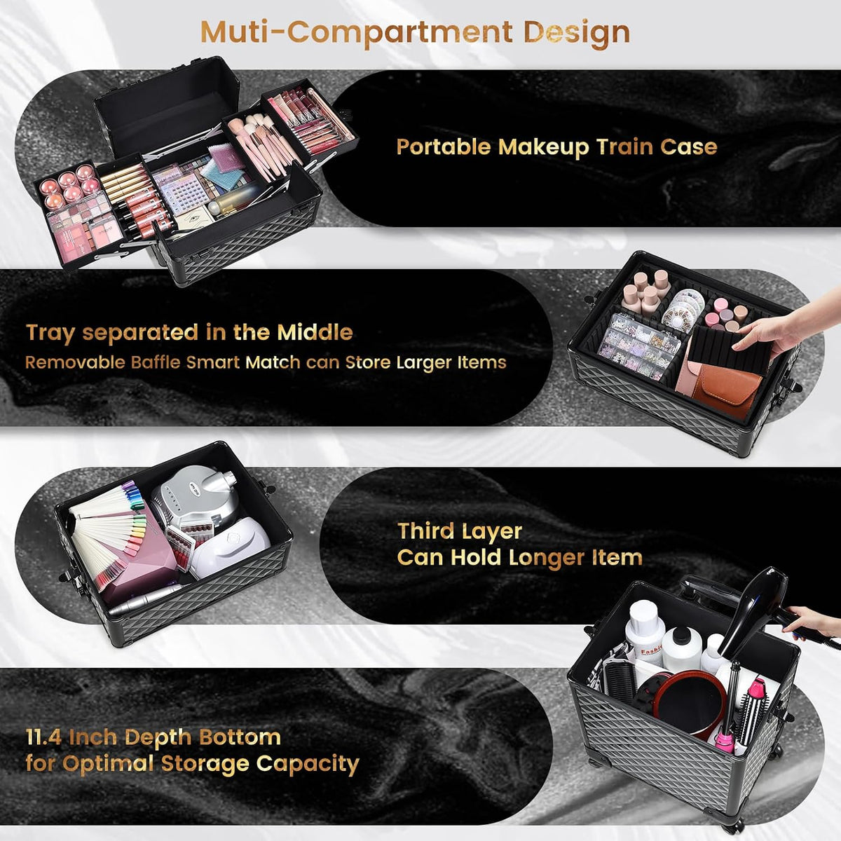 Rolling Makeup Case Cosmetology Case on Wheels 4 in 1 Large Cosmetic Organizer Train Case Makeup Travel Case with Key Swivel Wheels Nail Artist Salon Storage Traveling Cart Trunk Black