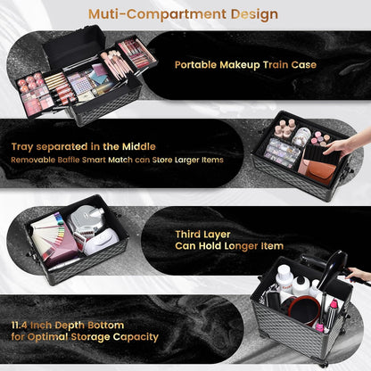 Rolling Makeup Case Cosmetology Case on Wheels 4 in 1 Large Cosmetic Organizer Train Case Makeup Travel Case with Key Swivel Wheels Nail Artist Salon Storage Traveling Cart Trunk Black