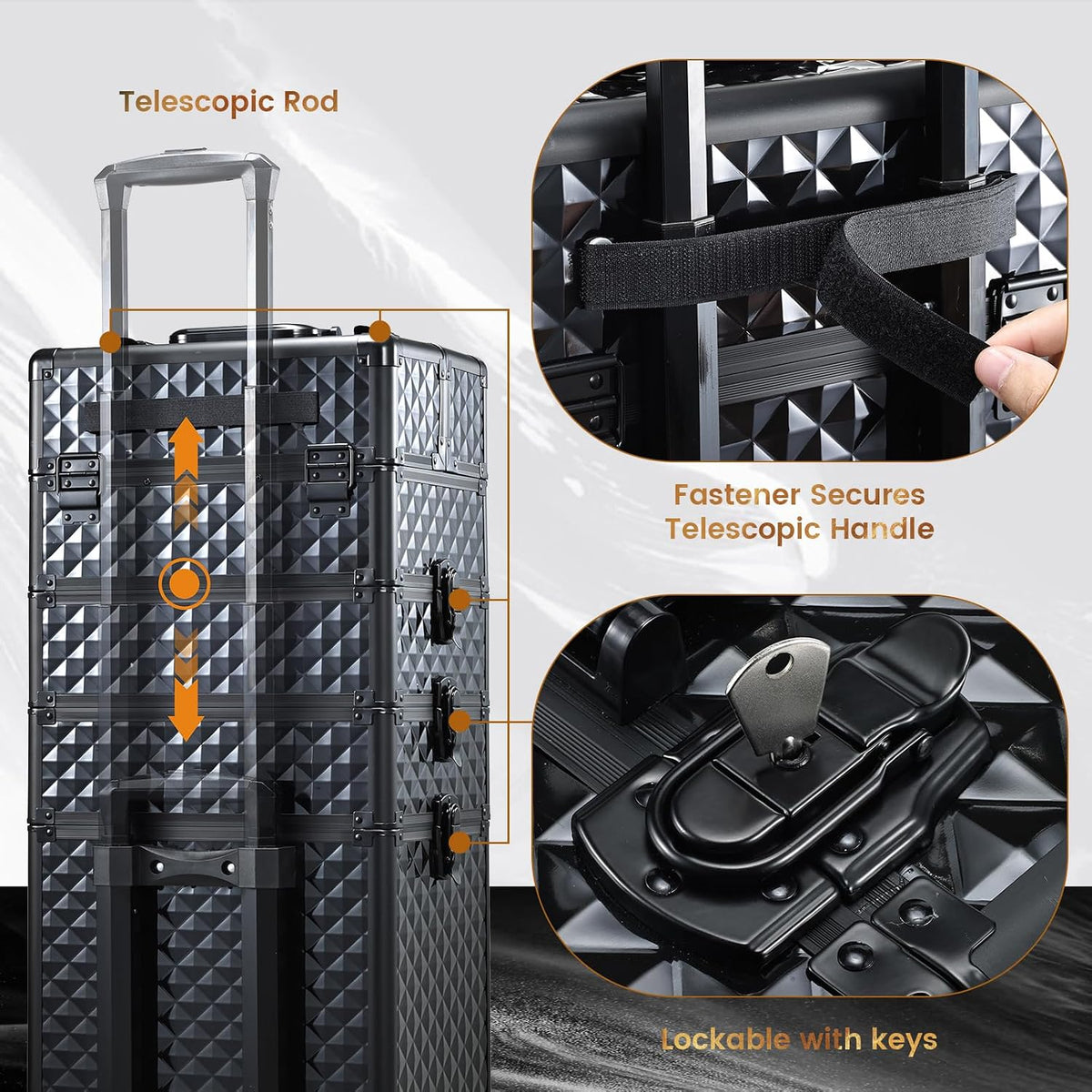 Rolling Makeup Case Cosmetology Case on Wheels 4 in 1 Large Cosmetic Organizer Train Case Makeup Travel Case with Key Swivel Wheels Nail Artist Salon Storage Traveling Cart Trunk Black