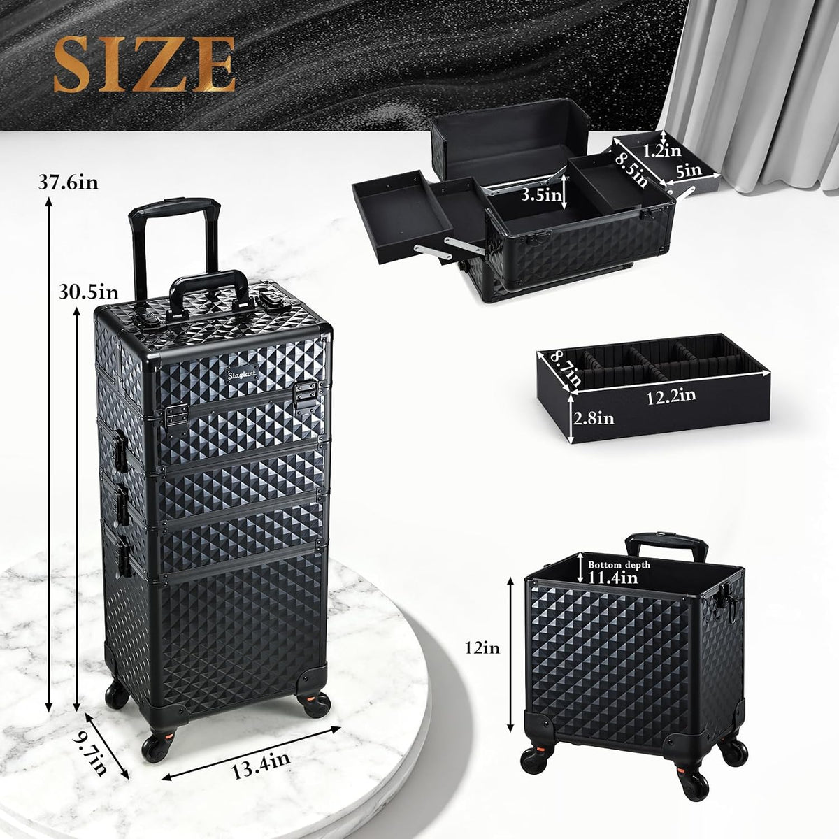Rolling Makeup Case Cosmetology Case on Wheels 4 in 1 Large Cosmetic Organizer Train Case Makeup Travel Case with Key Swivel Wheels Nail Artist Salon Storage Traveling Cart Trunk Black