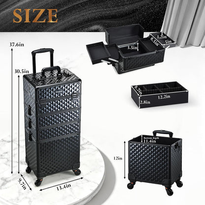 Rolling Makeup Case Cosmetology Case on Wheels 4 in 1 Large Cosmetic Organizer Train Case Makeup Travel Case with Key Swivel Wheels Nail Artist Salon Storage Traveling Cart Trunk Black