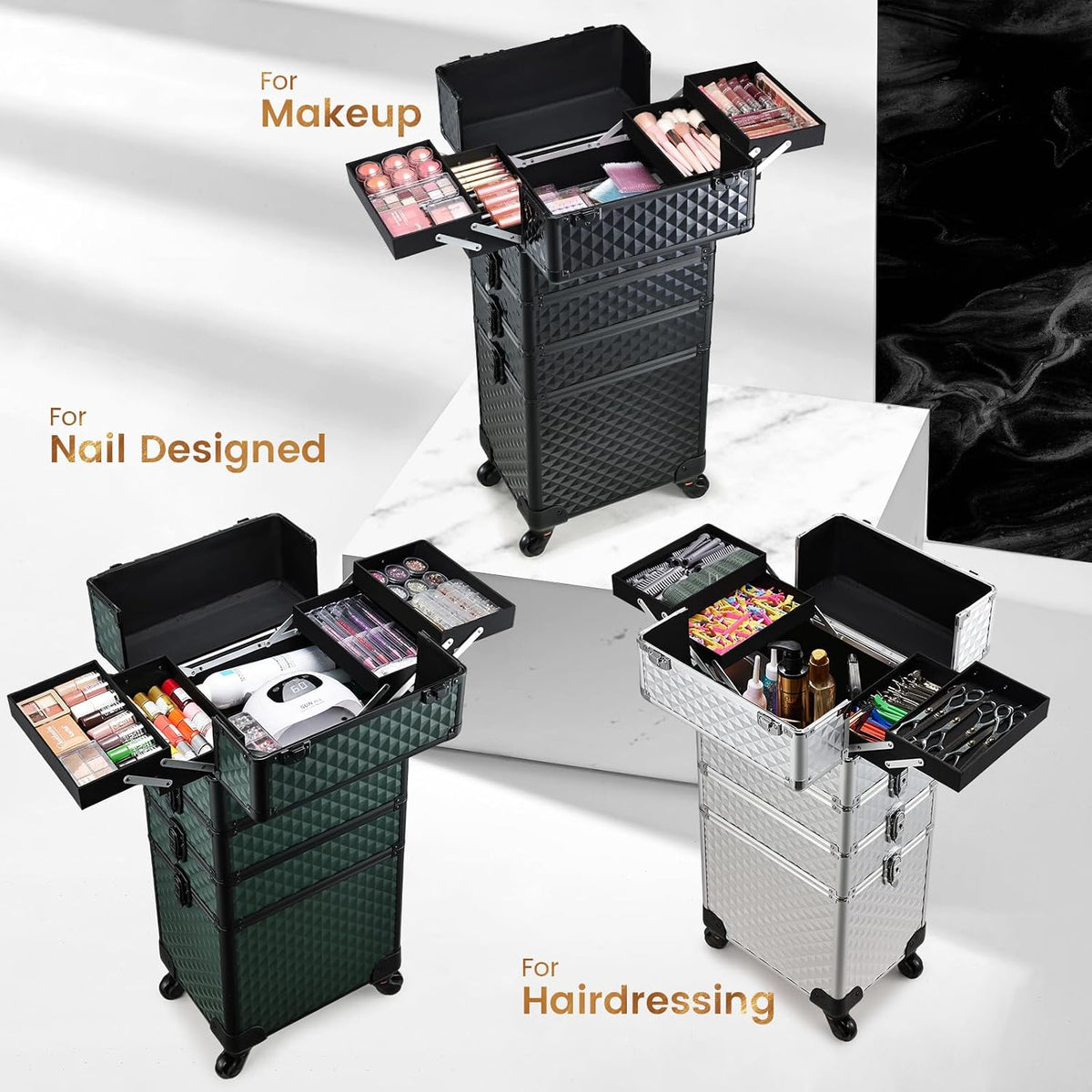 Rolling Makeup Case Cosmetology Case on Wheels 4 in 1 Large Cosmetic Organizer Train Case Makeup Travel Case with Key Swivel Wheels Nail Artist Salon Storage Traveling Cart Trunk Black