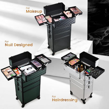 Rolling Makeup Case Cosmetology Case on Wheels 4 in 1 Large Cosmetic Organizer Train Case Makeup Travel Case with Key Swivel Wheels Nail Artist Salon Storage Traveling Cart Trunk Black