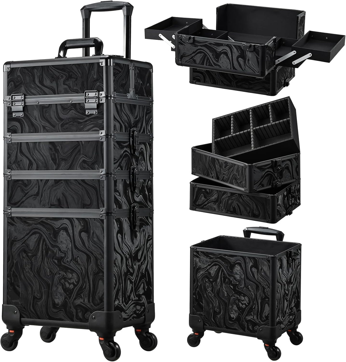 Rolling Makeup Case Cosmetology Case on Wheels 4 in 1 Large Cosmetic Organizer Train Case Makeup Travel Case with Key Swivel Wheels Nail Artist Salon Storage Traveling Cart Trunk Black