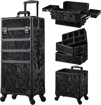 Rolling Makeup Case Cosmetology Case on Wheels 4 in 1 Large Cosmetic Organizer Train Case Makeup Travel Case with Key Swivel Wheels Nail Artist Salon Storage Traveling Cart Trunk Black
