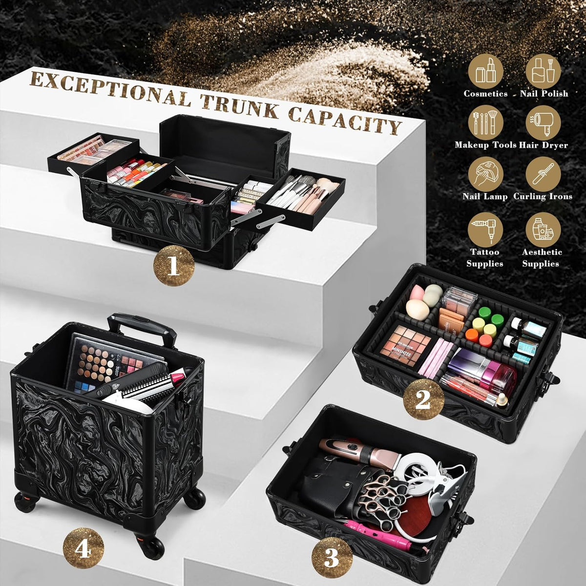 Rolling Makeup Case Cosmetology Case on Wheels 4 in 1 Large Cosmetic Organizer Train Case Makeup Travel Case with Key Swivel Wheels Nail Artist Salon Storage Traveling Cart Trunk Black