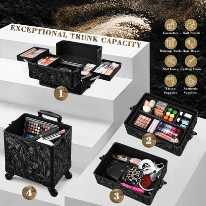 Rolling Makeup Case Cosmetology Case on Wheels 4 in 1 Large Cosmetic Organizer Train Case Makeup Travel Case with Key Swivel Wheels Nail Artist Salon Storage Traveling Cart Trunk Black