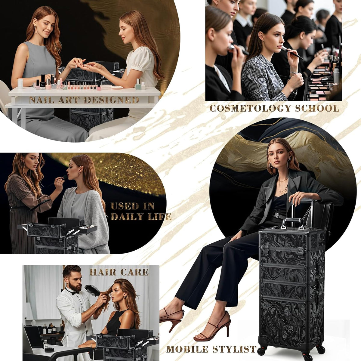 Rolling Makeup Case Cosmetology Case on Wheels 4 in 1 Large Cosmetic Organizer Train Case Makeup Travel Case with Key Swivel Wheels Nail Artist Salon Storage Traveling Cart Trunk Black