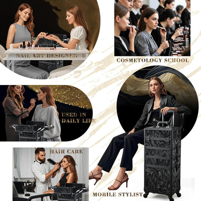 Rolling Makeup Case Cosmetology Case on Wheels 4 in 1 Large Cosmetic Organizer Train Case Makeup Travel Case with Key Swivel Wheels Nail Artist Salon Storage Traveling Cart Trunk Black