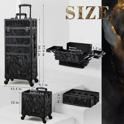 Rolling Makeup Case Cosmetology Case on Wheels 4 in 1 Large Cosmetic Organizer Train Case Makeup Travel Case with Key Swivel Wheels Nail Artist Salon Storage Traveling Cart Trunk Black
