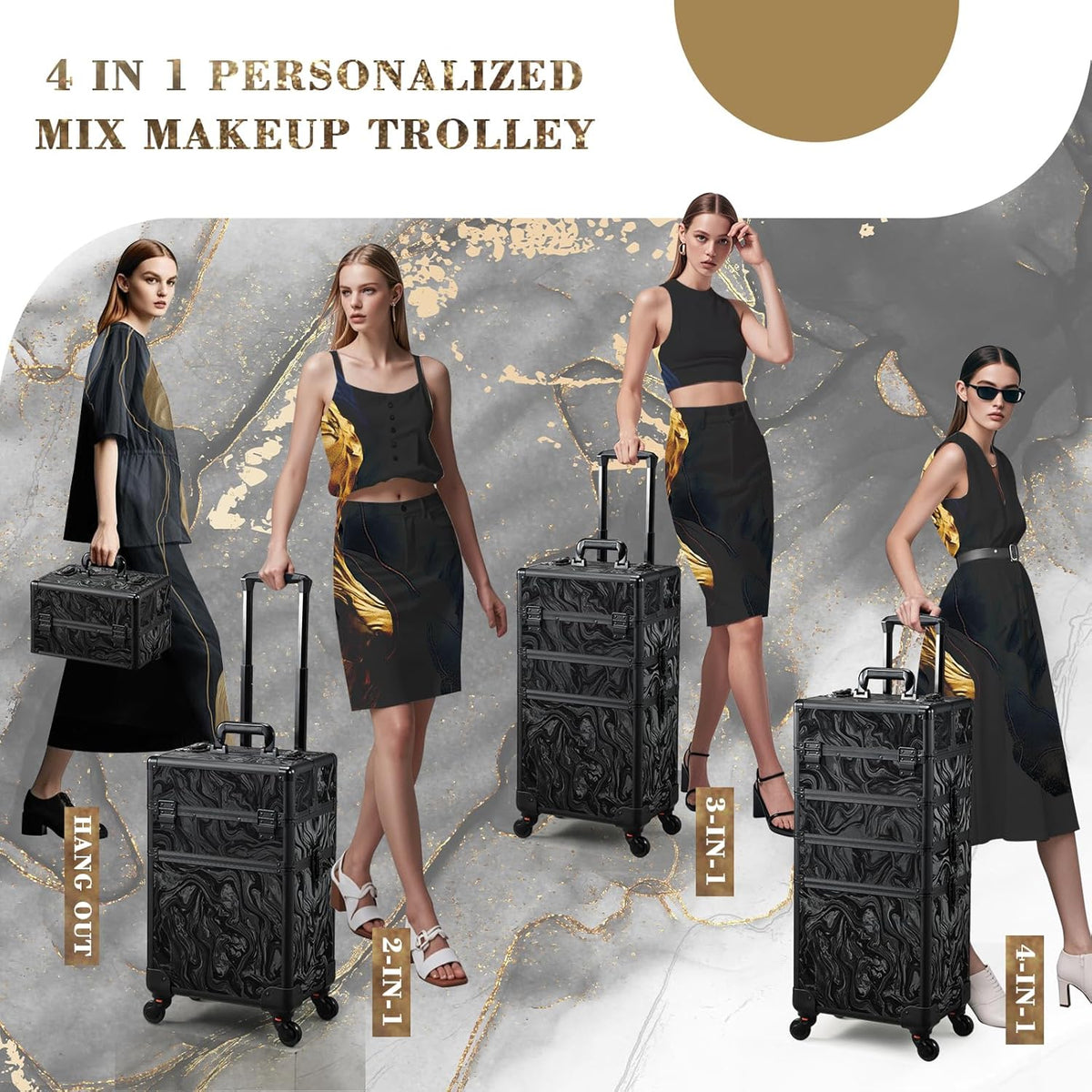Rolling Makeup Case Cosmetology Case on Wheels 4 in 1 Large Cosmetic Organizer Train Case Makeup Travel Case with Key Swivel Wheels Nail Artist Salon Storage Traveling Cart Trunk Black