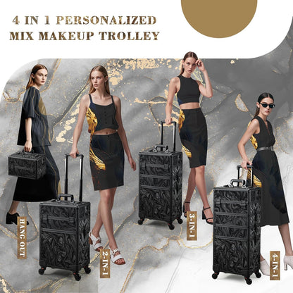 Rolling Makeup Case Cosmetology Case on Wheels 4 in 1 Large Cosmetic Organizer Train Case Makeup Travel Case with Key Swivel Wheels Nail Artist Salon Storage Traveling Cart Trunk Black