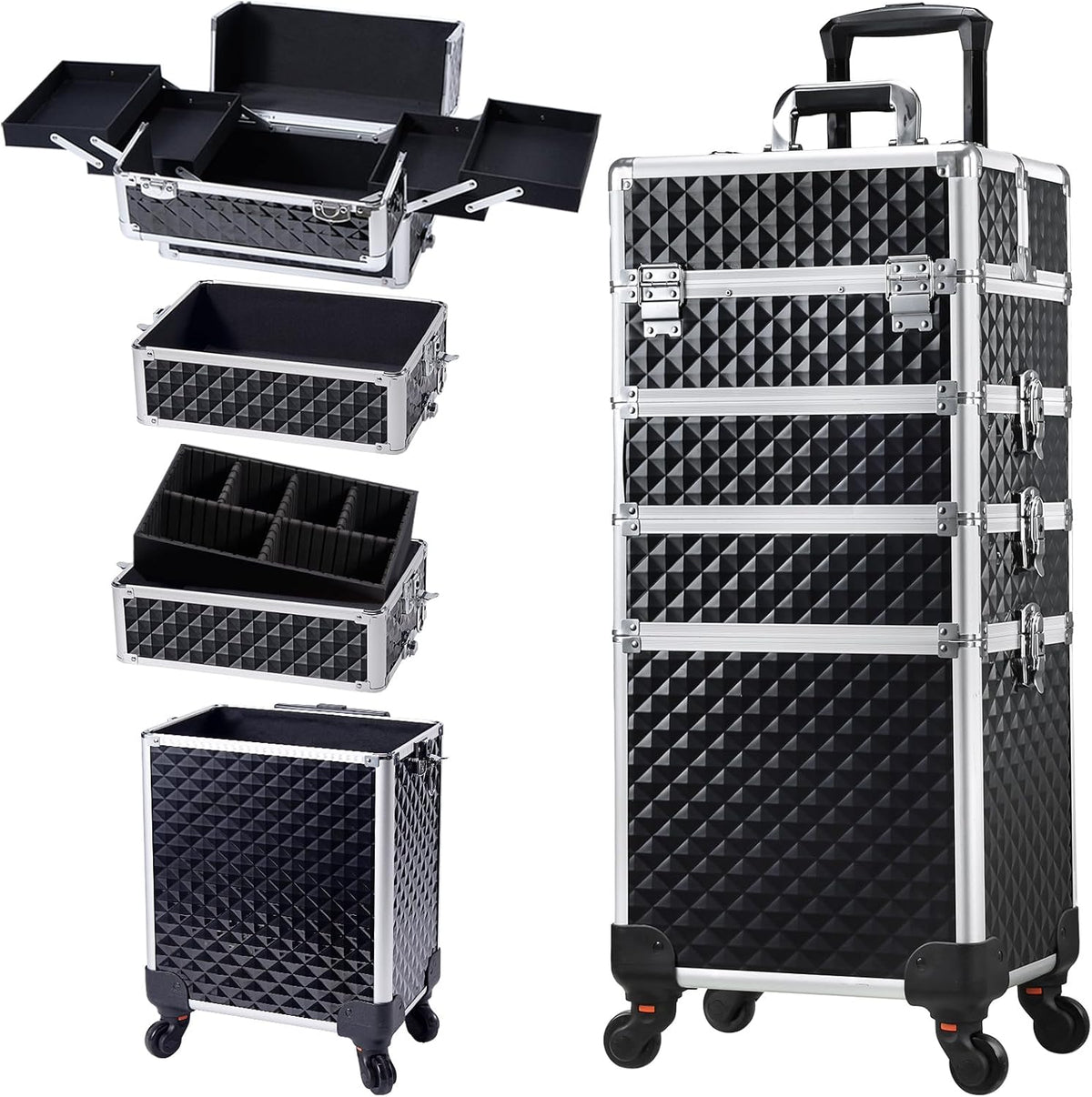 Rolling Makeup Case Cosmetology Case on Wheels 4 in 1 Large Cosmetic Organizer Train Case Makeup Travel Case with Key Swivel Wheels Nail Artist Salon Storage Traveling Cart Trunk Black