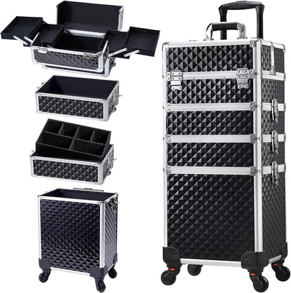 Rolling Makeup Case Cosmetology Case on Wheels 4 in 1 Large Cosmetic Organizer Train Case Makeup Travel Case with Key Swivel Wheels Nail Artist Salon Storage Traveling Cart Trunk Black
