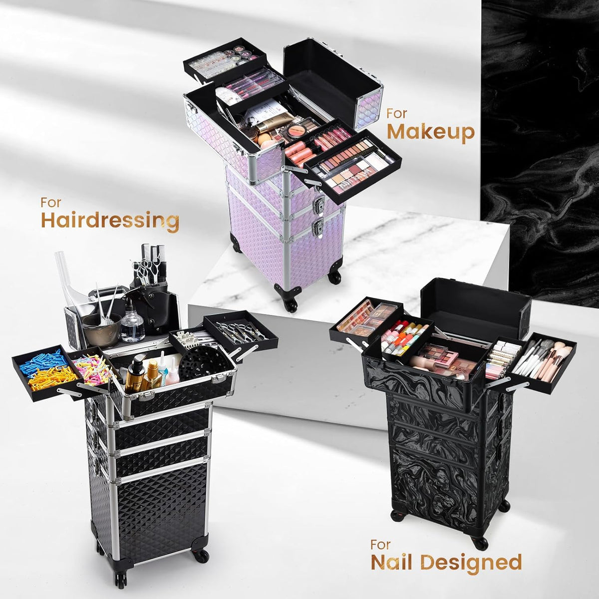 Rolling Makeup Case Cosmetology Case on Wheels 4 in 1 Large Cosmetic Organizer Train Case Makeup Travel Case with Key Swivel Wheels Nail Artist Salon Storage Traveling Cart Trunk Black