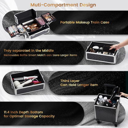 Rolling Makeup Case Cosmetology Case on Wheels 4 in 1 Large Cosmetic Organizer Train Case Makeup Travel Case with Key Swivel Wheels Nail Artist Salon Storage Traveling Cart Trunk Black