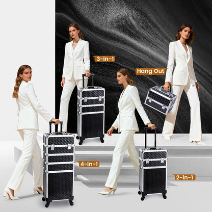 Rolling Makeup Case Cosmetology Case on Wheels 4 in 1 Large Cosmetic Organizer Train Case Makeup Travel Case with Key Swivel Wheels Nail Artist Salon Storage Traveling Cart Trunk Black