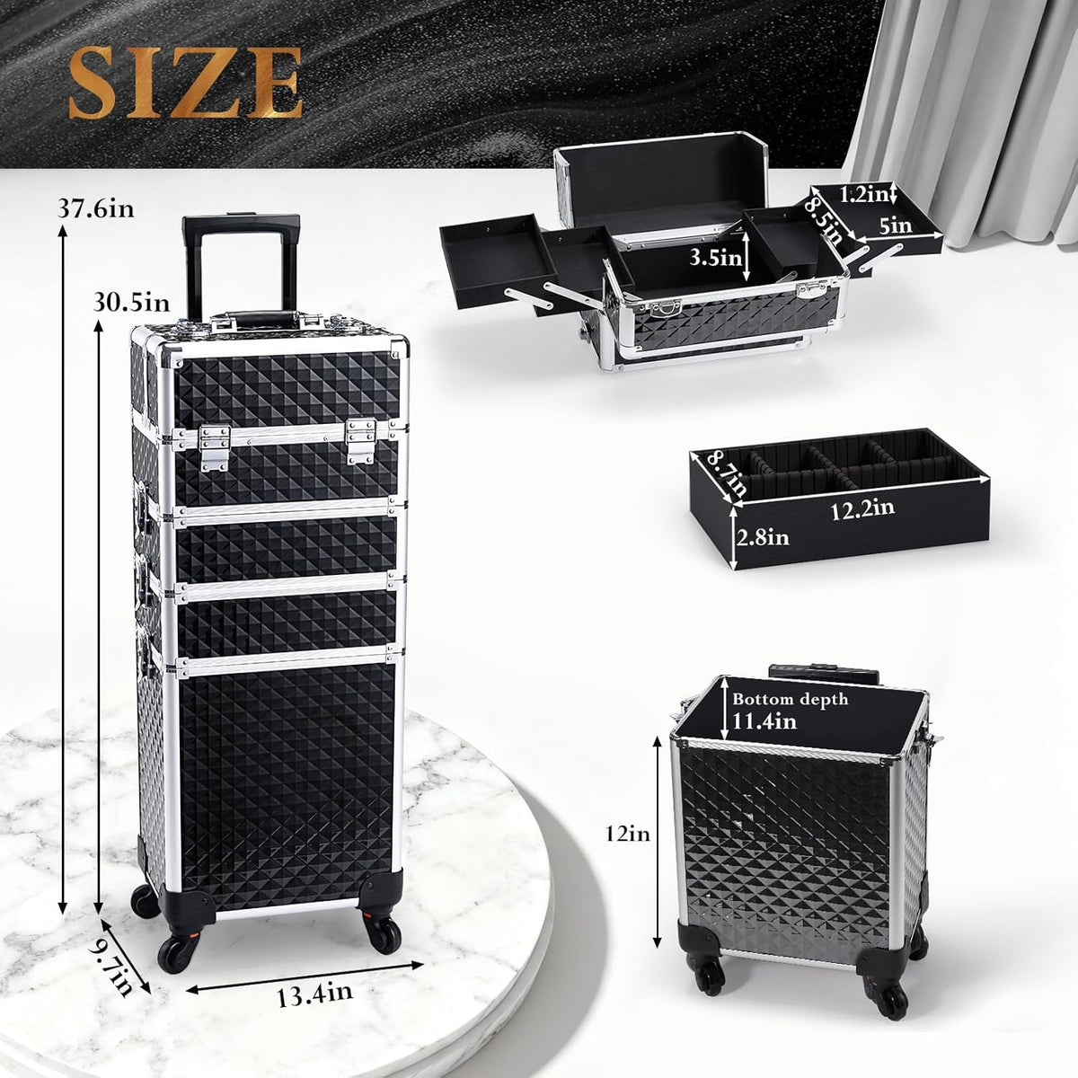 Rolling Makeup Case Cosmetology Case on Wheels 4 in 1 Large Cosmetic Organizer Train Case Makeup Travel Case with Key Swivel Wheels Nail Artist Salon Storage Traveling Cart Trunk Black