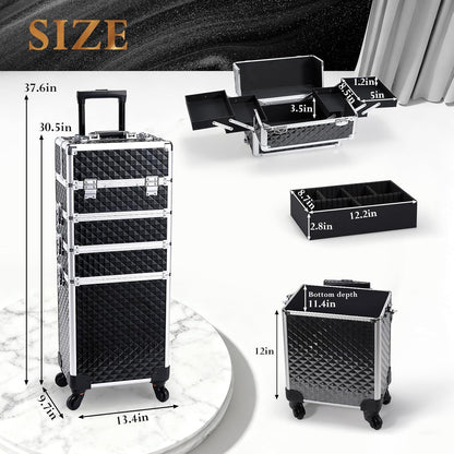 Rolling Makeup Case Cosmetology Case on Wheels 4 in 1 Large Cosmetic Organizer Train Case Makeup Travel Case with Key Swivel Wheels Nail Artist Salon Storage Traveling Cart Trunk Black