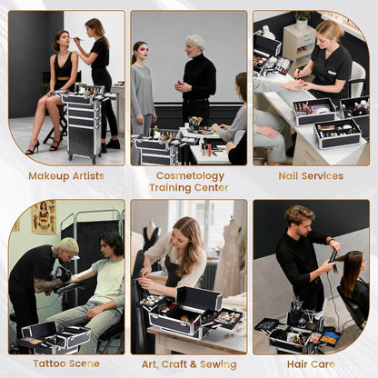 Rolling Makeup Case Cosmetology Case on Wheels 4 in 1 Large Cosmetic Organizer Train Case Makeup Travel Case with Key Swivel Wheels Nail Artist Salon Storage Traveling Cart Trunk Black
