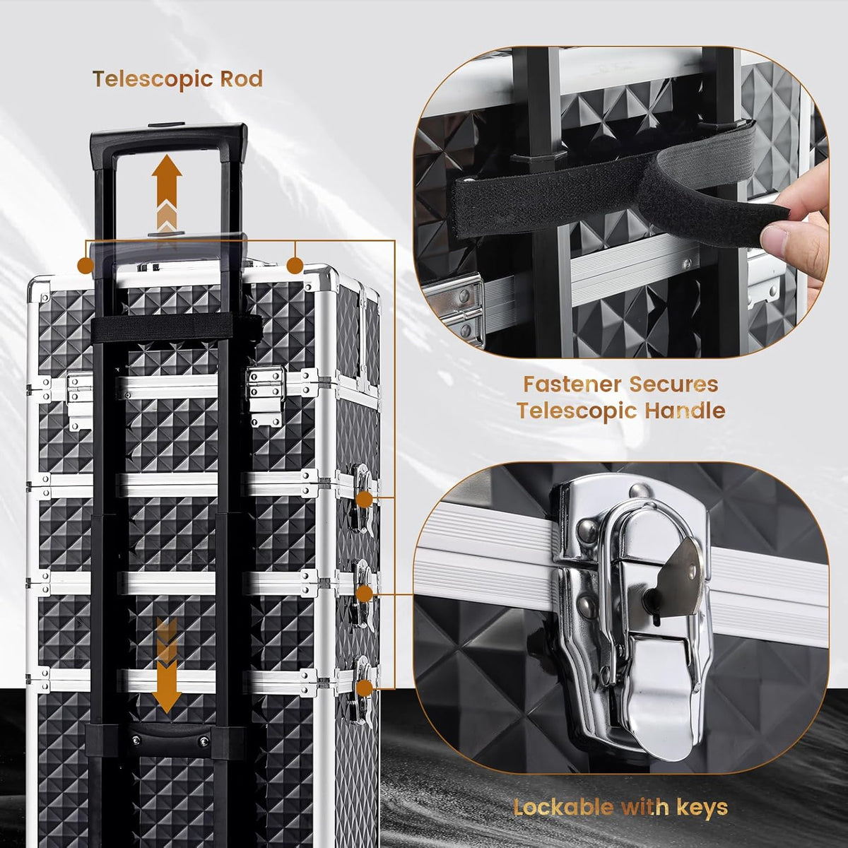 Rolling Makeup Case Cosmetology Case on Wheels 4 in 1 Large Cosmetic Organizer Train Case Makeup Travel Case with Key Swivel Wheels Nail Artist Salon Storage Traveling Cart Trunk Black